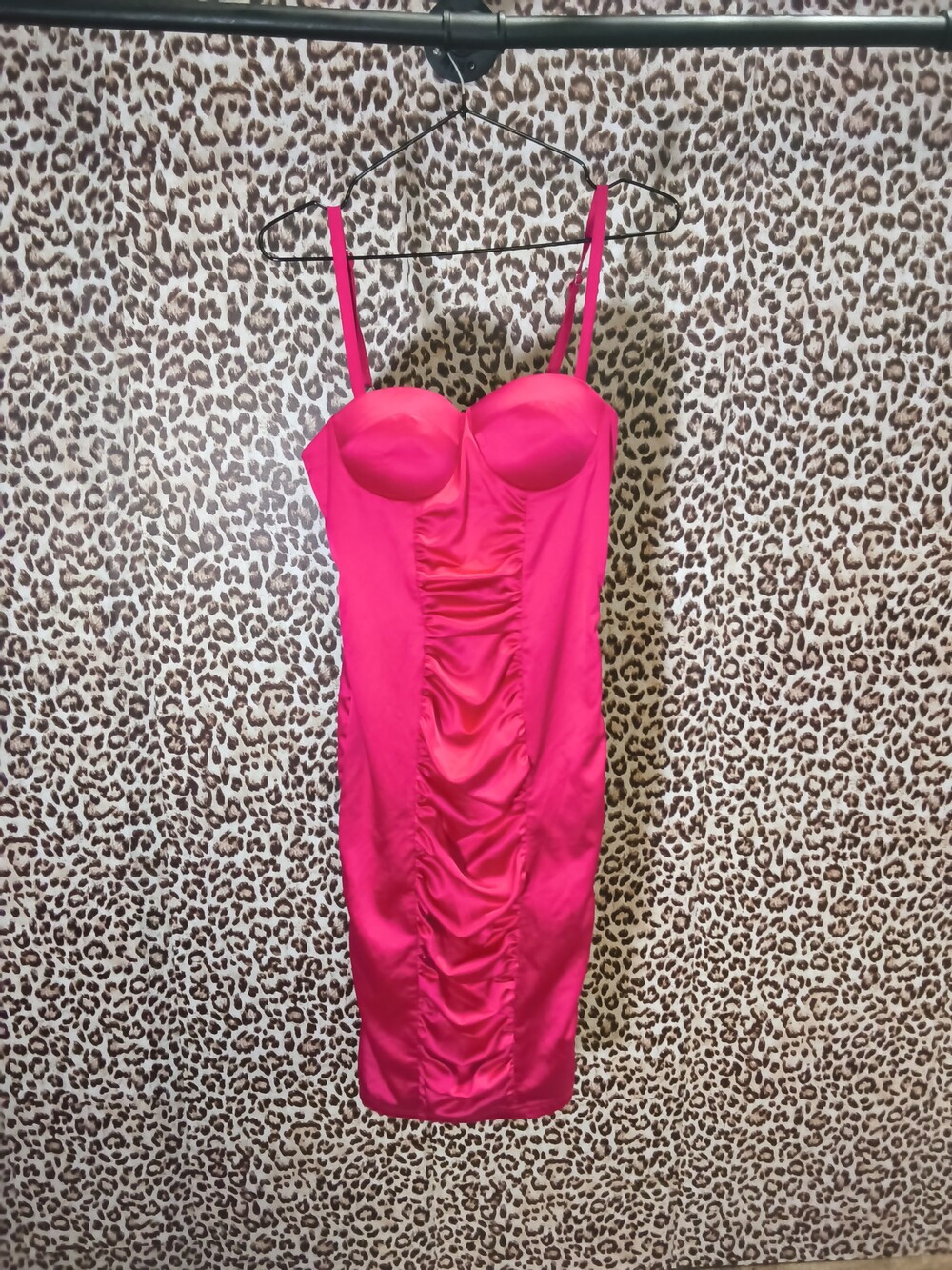 Ruched Hot Pink Bodycon Dress Sleeveless Spaghetti Strap Midi Dress